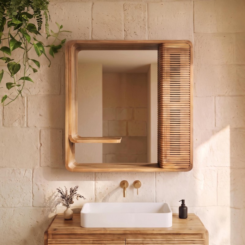 Miroir mural de salle de bain en bois de teck avec rangement - Anika