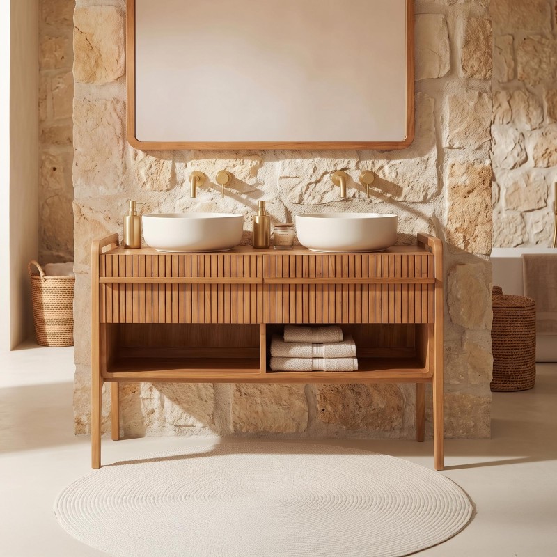 Meuble de salle de bain bois teck massif double vasque 120 cm - Devika