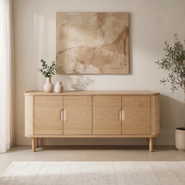 Enfilade 4 portes en bois de chêne naturel et rotin - Maja