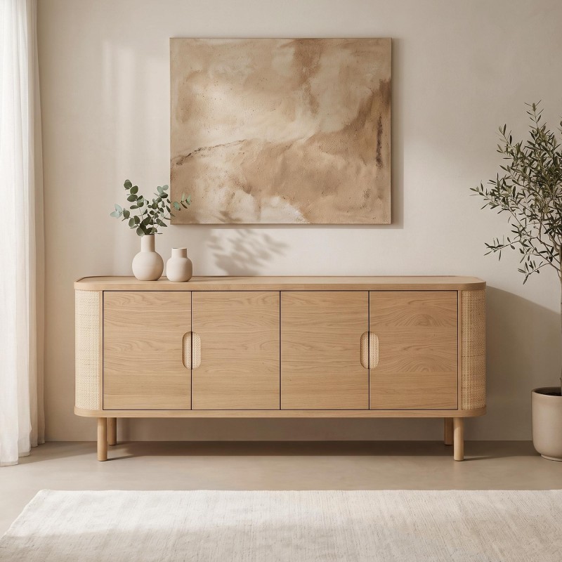 Enfilade 4 portes en bois de chêne naturel et rotin - Maja