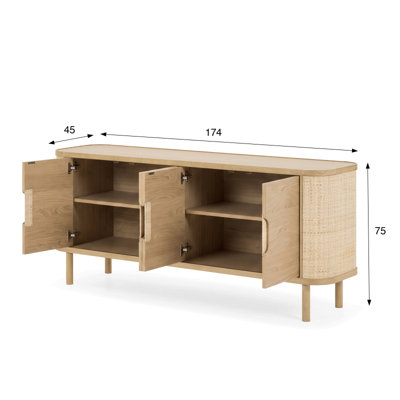 Enfilade 4 portes en bois de chêne naturel et rotin - Maja