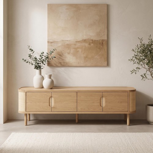Grand meuble TV en bois de chêne naturel et rotin - Maja