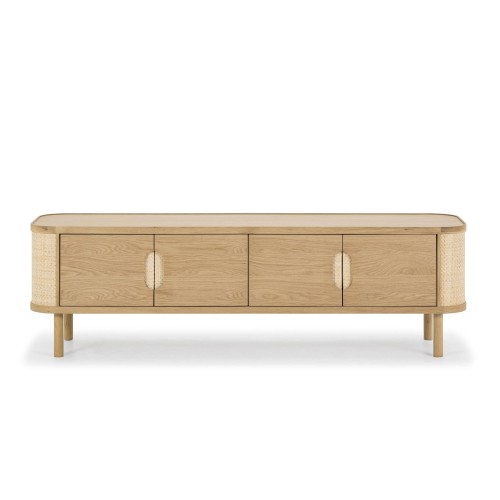 Grand meuble TV en bois de chêne naturel et rotin - Maja