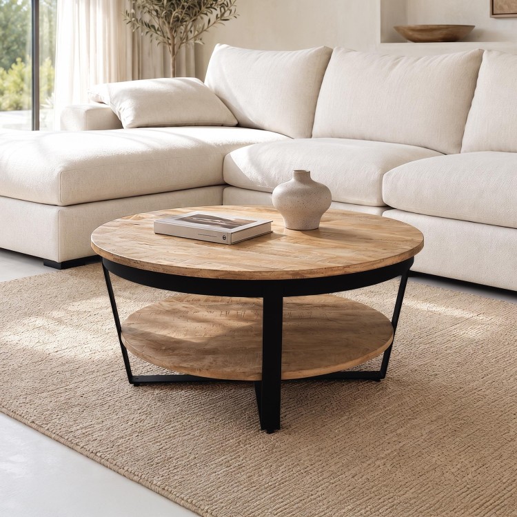 Table basse ronde en bois et métal style industriel - Hadley