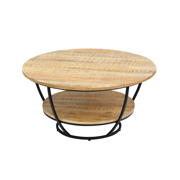 Table basse ronde en bois massif et métal noir - Corven