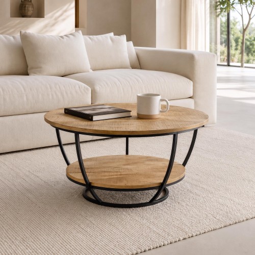 Table basse ronde en bois massif et métal noir - Corven
