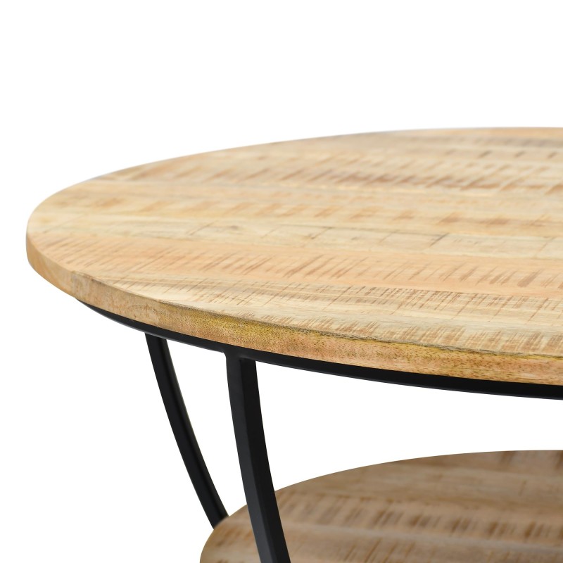 Table basse ronde en bois massif et métal noir - Corven