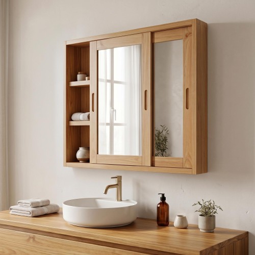 Armoire salle de bain 80 cm bois massif et portes coulissantes avec miroir