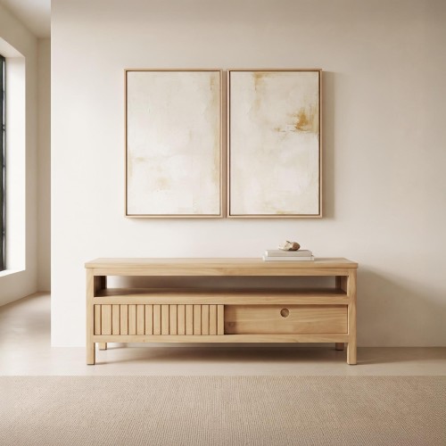 Meuble TV en bois massif et porte coulissante - Rohini