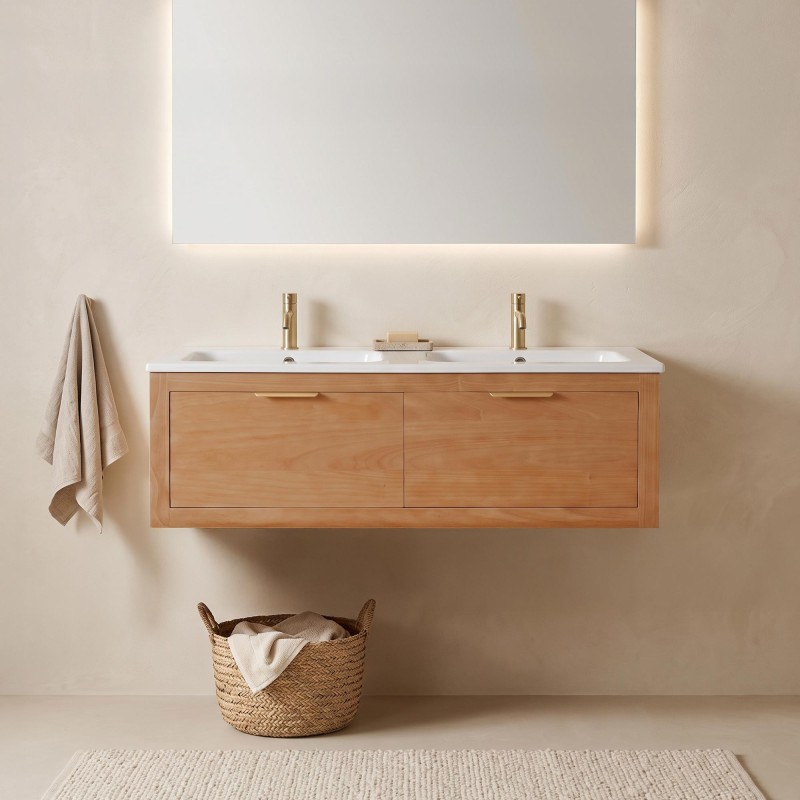 Meuble de salle de bain double vasque en bois massif de teck - Sylva
