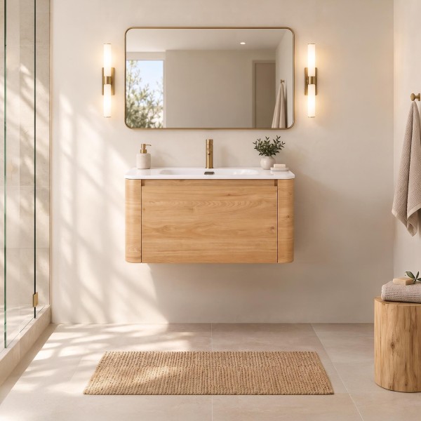 Meuble de salle de bain simple vasque suspendu en noyer blond 80 cm - Celestine