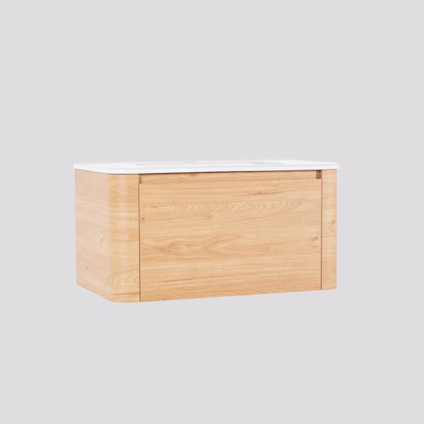 Meuble de salle de bain simple vasque suspendu en noyer blond 80 cm - Celestine