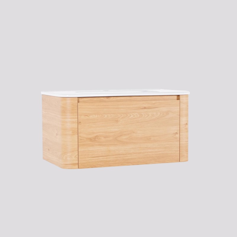 Meuble de salle de bain simple vasque suspendu en noyer blond 80 cm - Celestine