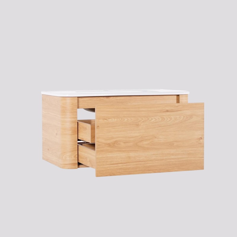 Meuble de salle de bain simple vasque suspendu en noyer blond 80 cm - Celestine