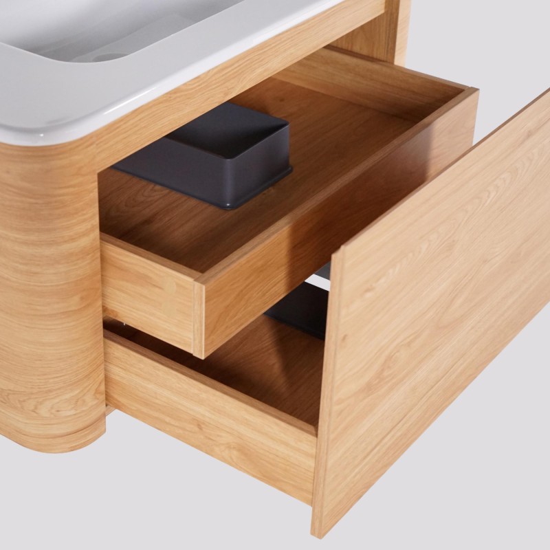Meuble de salle de bain simple vasque suspendu en noyer blond 80 cm - Celestine