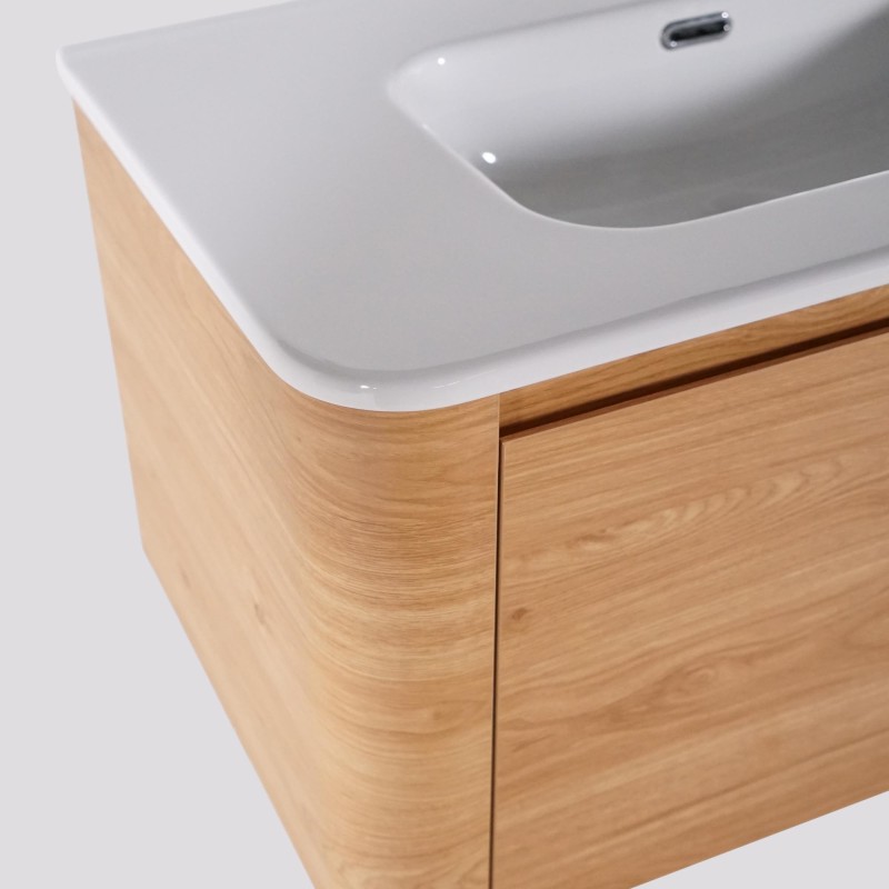 Meuble de salle de bain simple vasque suspendu en noyer blond 80 cm - Celestine