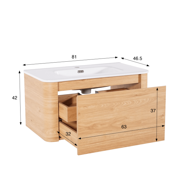 Meuble de salle de bain simple vasque suspendu en noyer blond 80 cm - Celestine