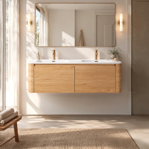 Meuble de salle de bain double vasque suspendu en noyer blond 120 cm - Celestine