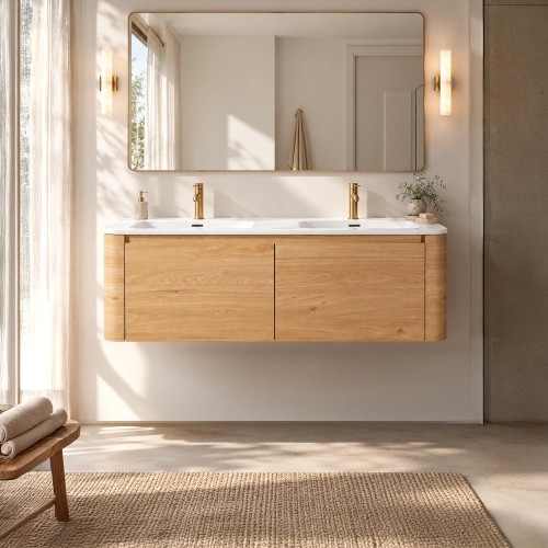 Meuble de salle de bain double vasque suspendu en noyer blond 120 cm - Celestine