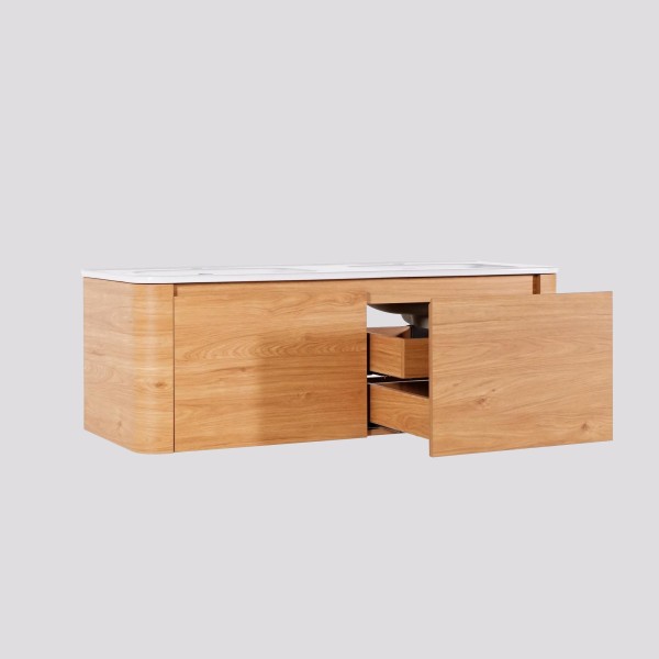 Meuble de salle de bain double vasque suspendu en noyer blond 120 cm - Celestine