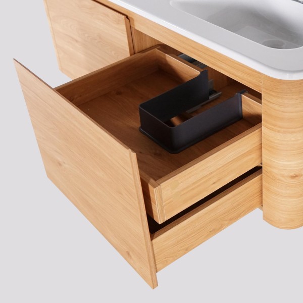 Meuble de salle de bain double vasque suspendu en noyer blond 120 cm - Celestine