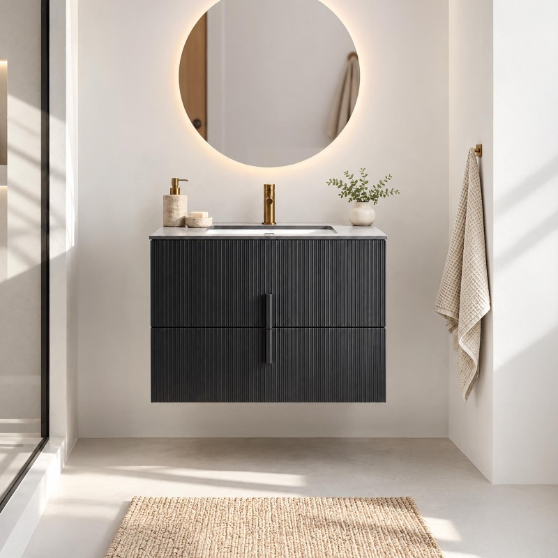 Meuble de salle de salle de bain simple vasque suspendu anthracite avec plateau céramique marbré 75 cm - Covellite