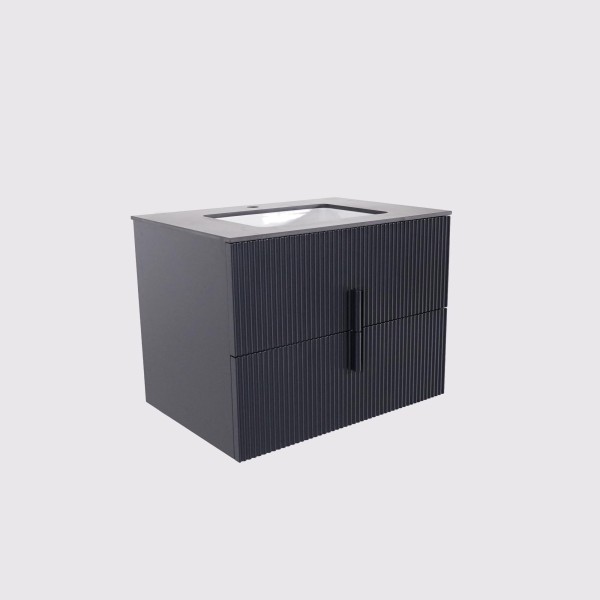 Meuble de salle de salle de bain simple vasque suspendu anthracite avec plateau céramique marbré 75 cm - Covellite