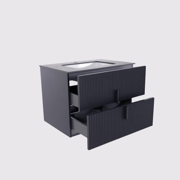 Meuble de salle de salle de bain simple vasque suspendu anthracite avec plateau céramique marbré 75 cm - Covellite