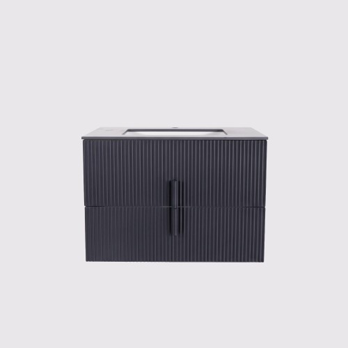 Meuble de salle de salle de bain simple vasque suspendu anthracite avec plateau céramique marbré 75 cm - Covellite