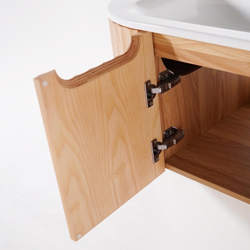 Meuble de salle de bain simple vasque suspendu en bois d'acacia naturel 80 cm - Sphene