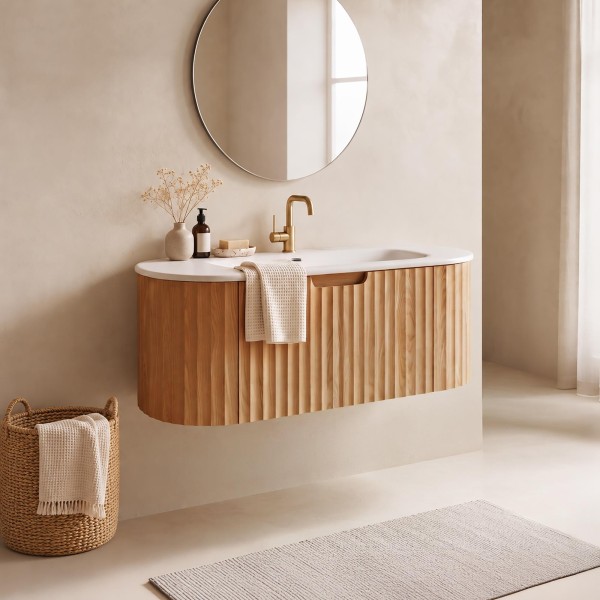 Meuble de salle de bain double vasque suspendu en bois d'acacia naturel 120 cm - Sphene