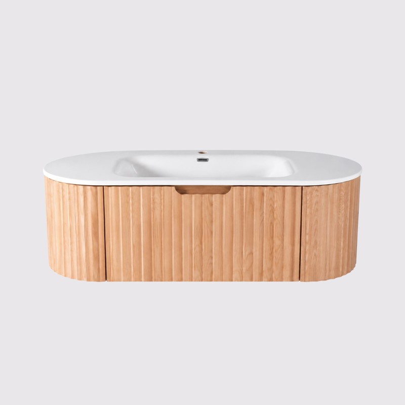 Meuble de salle de bain double vasque suspendu en bois d'acacia naturel 120 cm - Sphene