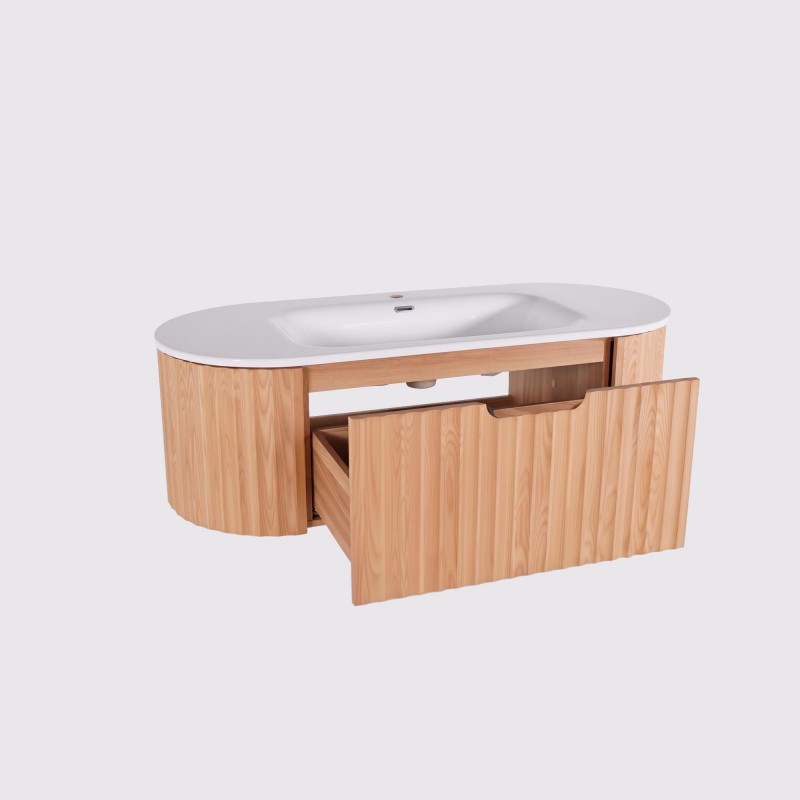 Meuble de salle de bain double vasque suspendu en bois d'acacia naturel 120 cm - Sphene