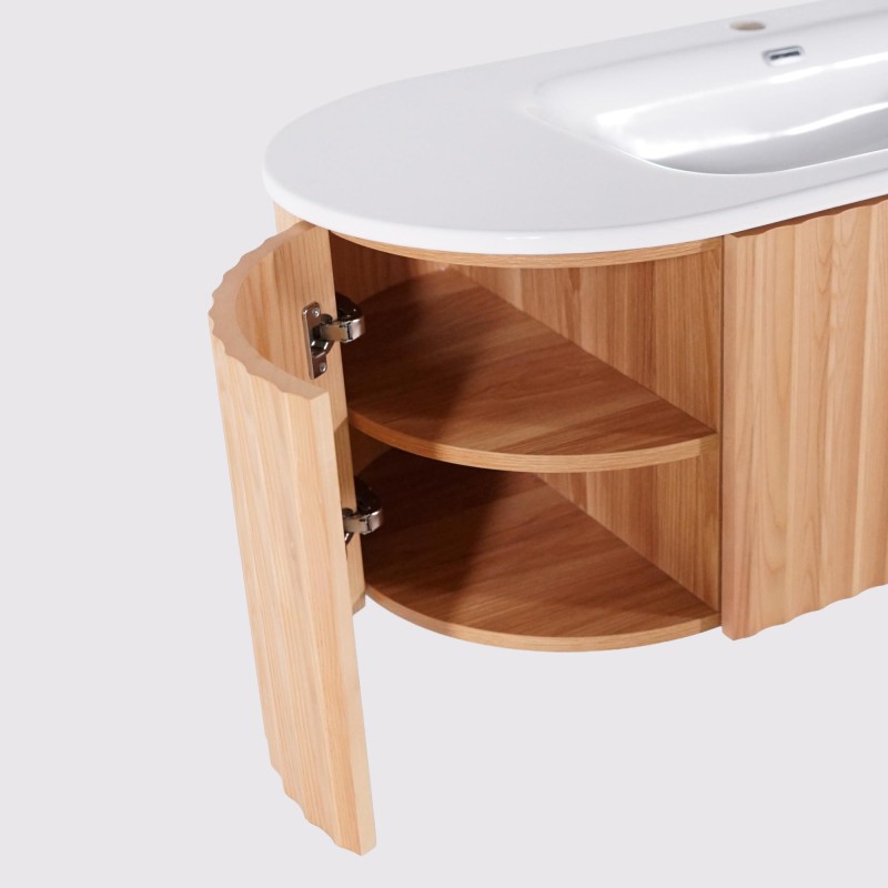Meuble de salle de bain double vasque suspendu en bois d'acacia naturel 120 cm - Sphene