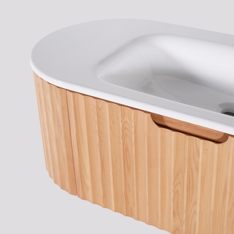 Meuble de salle de bain double vasque suspendu en bois d'acacia naturel 120 cm - Sphene