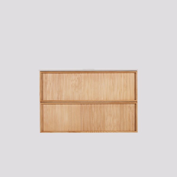 Meuble sous vasque suspendu en noyer blond avec plateau en céramique blanc 80 cm - Carnelian