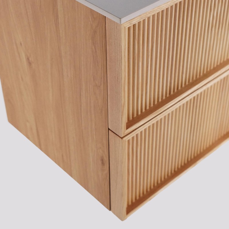 Meuble sous vasque suspendu en noyer blond avec plateau en céramique blanc 80 cm - Carnelian