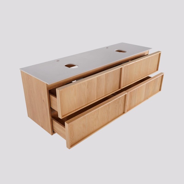 Meuble sous double vasque suspendu en noyer blond avec plateau en céramique blanc 150 cm - Carnelian