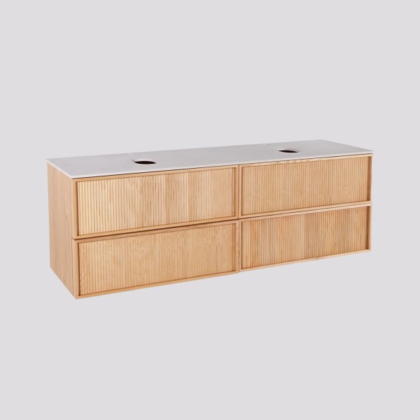 Meuble sous double vasque suspendu en noyer blond avec plateau en céramique blanc 150 cm - Carnelian