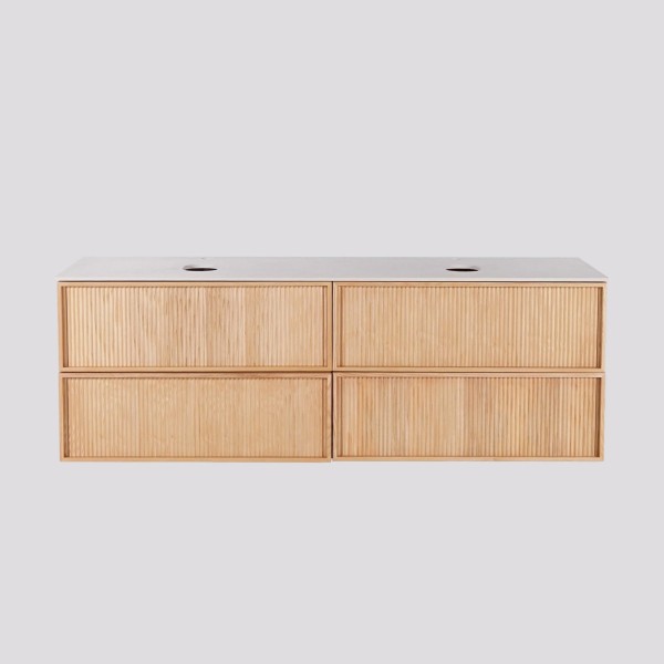 Meuble sous double vasque suspendu en noyer blond avec plateau en céramique blanc 150 cm - Carnelian