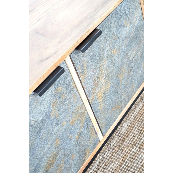 Meuble TV 200 cm en bois d'acacia et porte en pierre - Florence