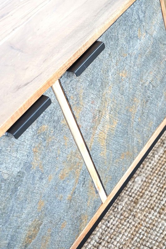 Meuble TV 200 cm en bois d'acacia et porte en pierre - Florence
