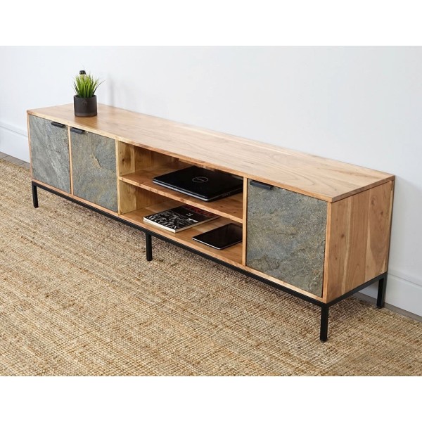 Meuble TV 200 cm en bois d'acacia et porte en pierre - Florence
