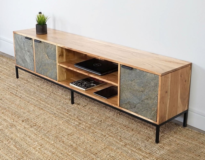 Meuble TV 200 cm en bois d'acacia et porte en pierre - Florence