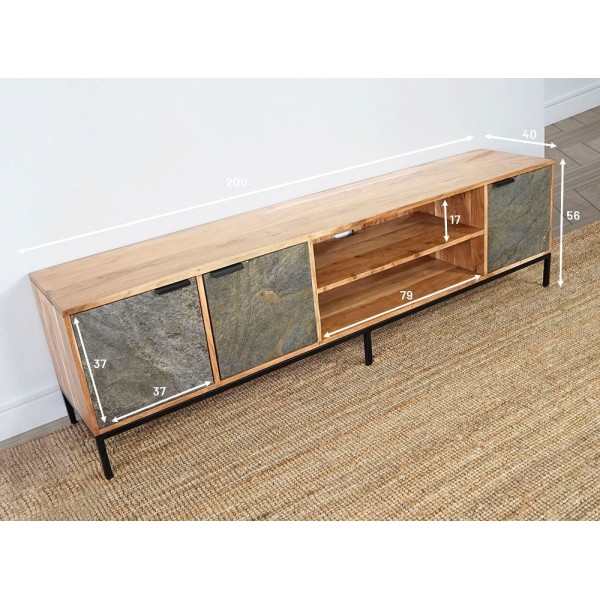 Meuble TV 200 cm en bois d'acacia et porte en pierre - Florence