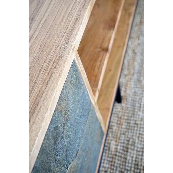 Meuble TV 200 cm en bois d'acacia et porte en pierre - Florence