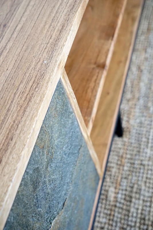 Meuble TV 200 cm en bois d'acacia et porte en pierre - Florence