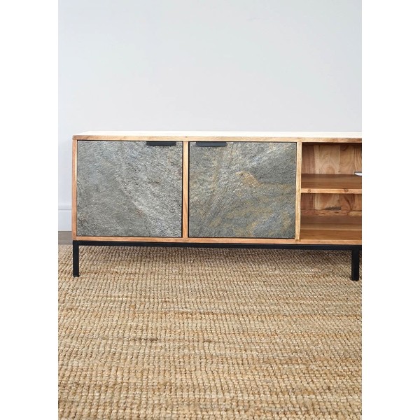 Meuble TV 200 cm en bois d'acacia et porte en pierre - Florence
