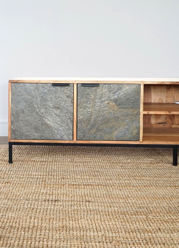 Meuble TV 200 cm en bois d'acacia et porte en pierre - Florence