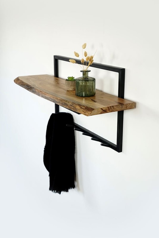 Porte manteau industriel bois massif et métal 7 crochets